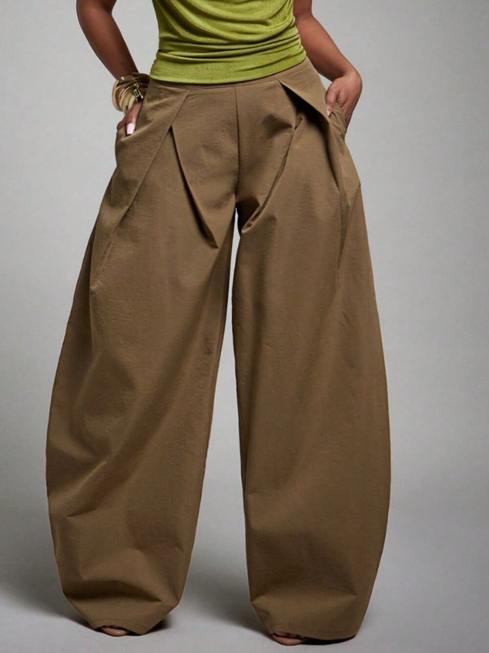 Brown Elegant Women's Draped High Waist Loose Extra Long Plain Trousers - Picture 4 of 5